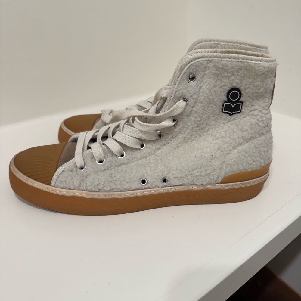 White and Tan High-Top Sneakers